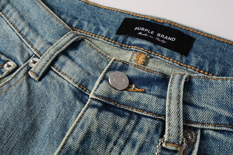 Slim Fit American Men's Distressed Blue Skinny Jeans with Ripped Holes & Button Fly