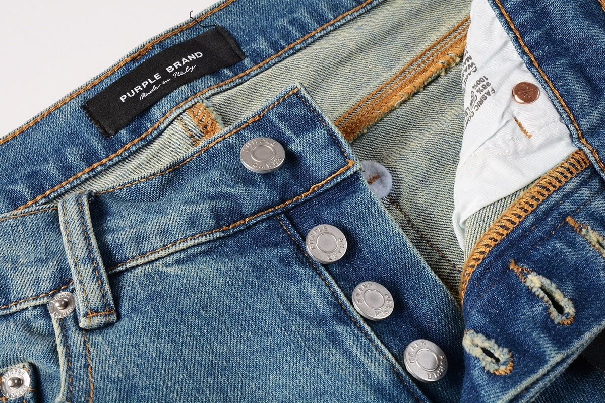 Men's Slim Fit Distressed Sea Blue Skinny Jeans with Button Fly & Ripped Detailing