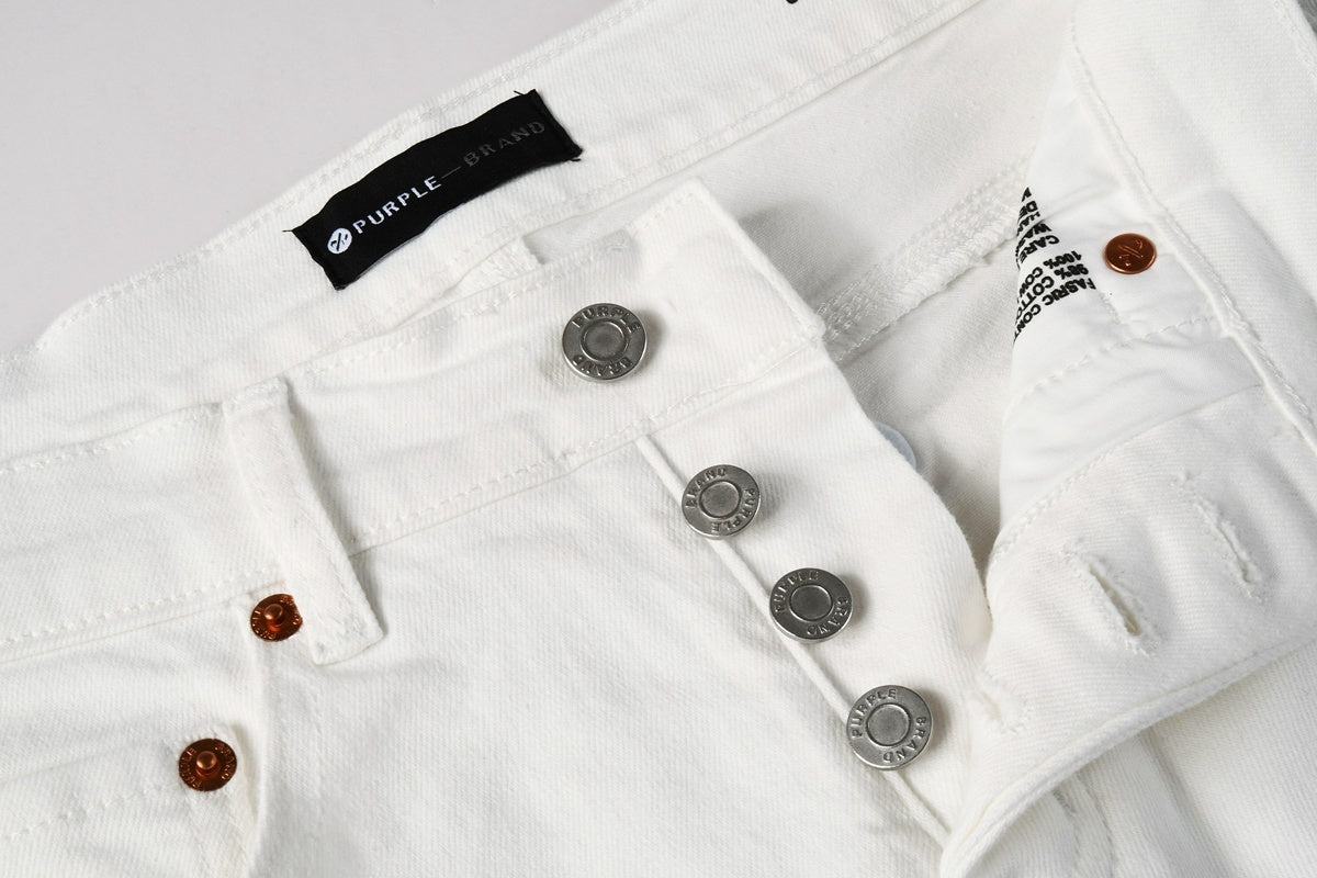 Men's Distressed White Skinny Jeans with Embroidered Patterns & Ripped Holes & Button Fly