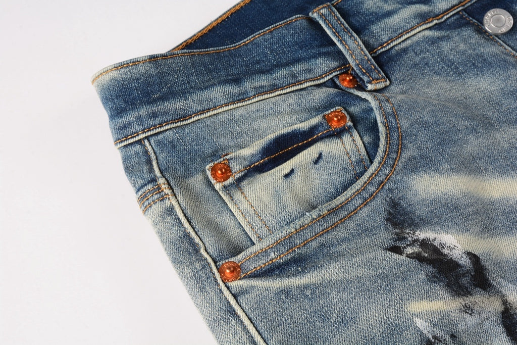 Men High Street Distressed Light Blue Destroyed Holes Graffiti Painted Stretch Slim Fit Ripped Jeans