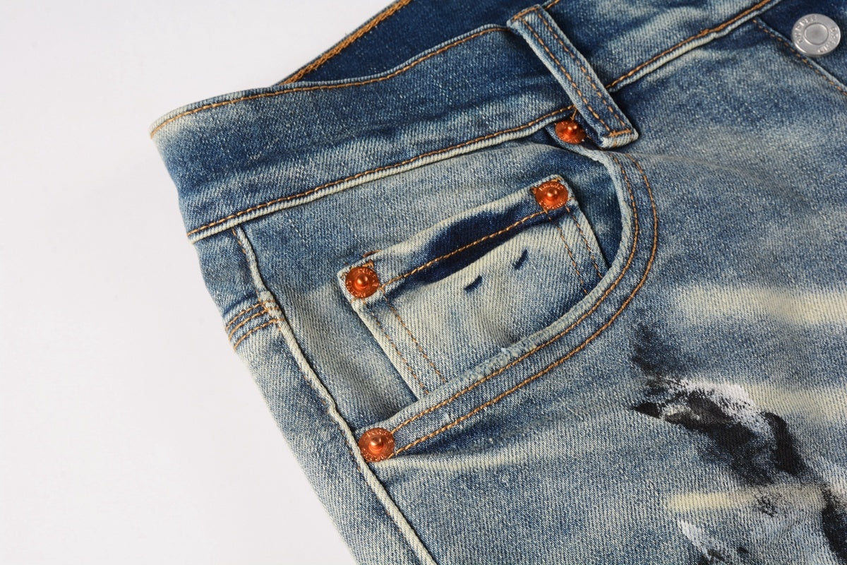 Men High Street Distressed Light Blue Destroyed Holes Graffiti Painted Stretch Slim Fit Ripped Jeans