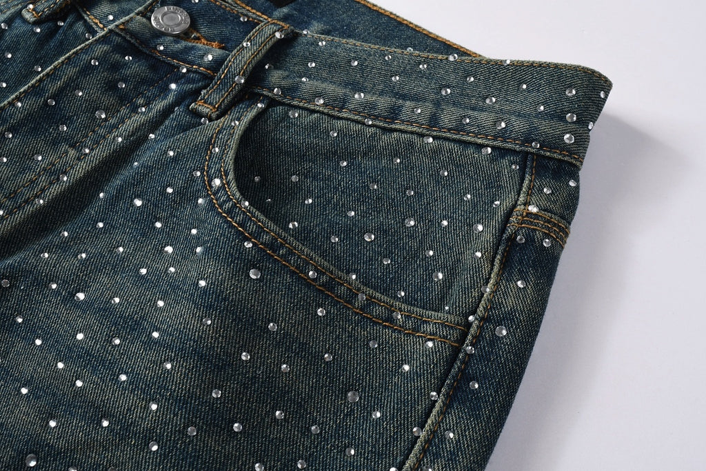Men's & Women's High Street Baggy Distressed Blue Jeans with Rhinestones & Loose Fit