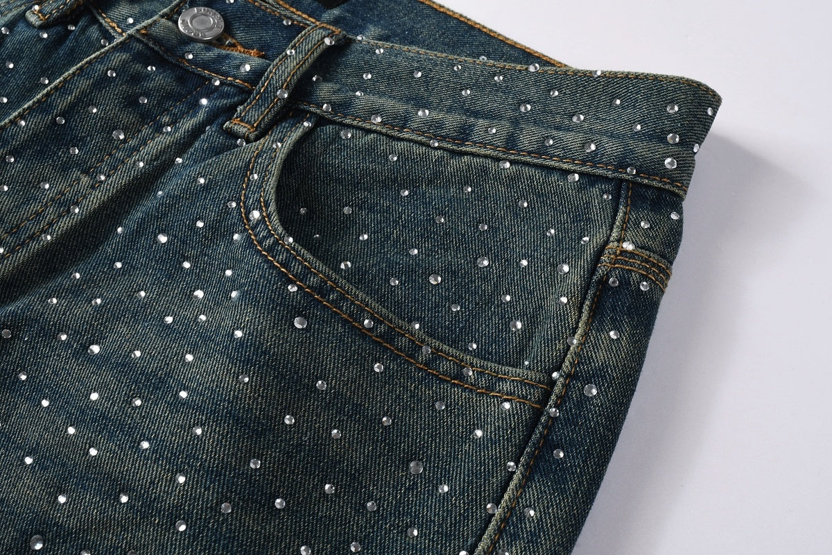 Men's & Women's High Street Baggy Distressed Blue Jeans with Rhinestones & Loose Fit