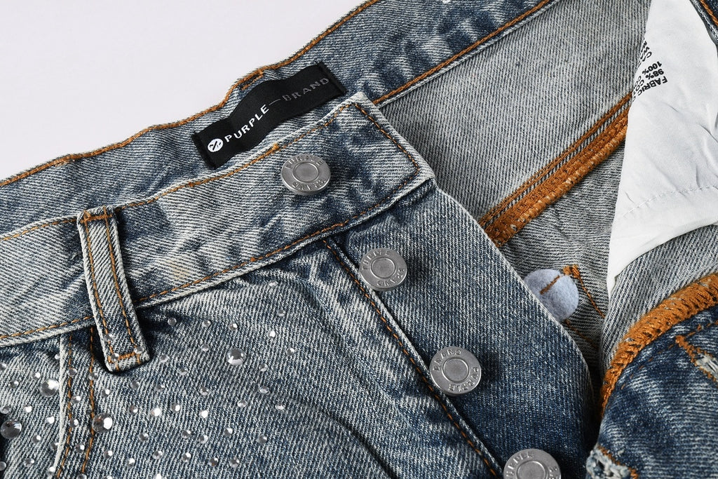 Men's Washed Distressed Blue Denim Shorts with Rhinestones, Ripped Details & Loose Fit