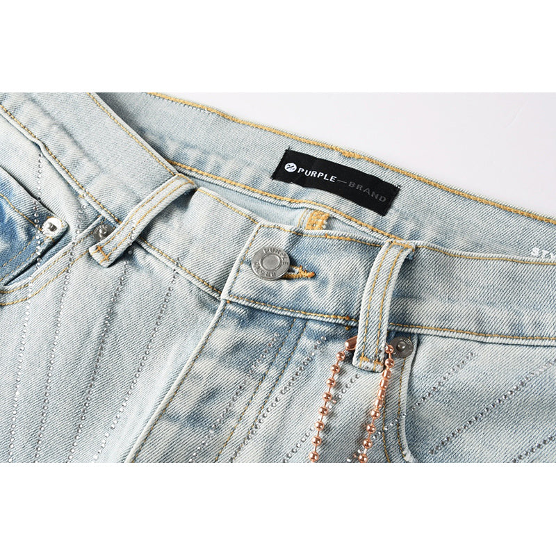 Men's Light Wash Sunburst Rhinestone Skinny Jeans | Streetwear Distressed Slim Fit Denim Pants