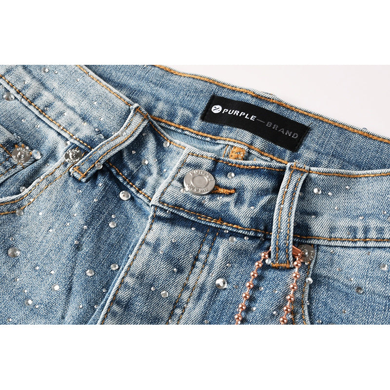 Men's Light Wash All-Over Rhinestone Skinny Jeans | Streetwear Slim Fit Embellished Denim Pants