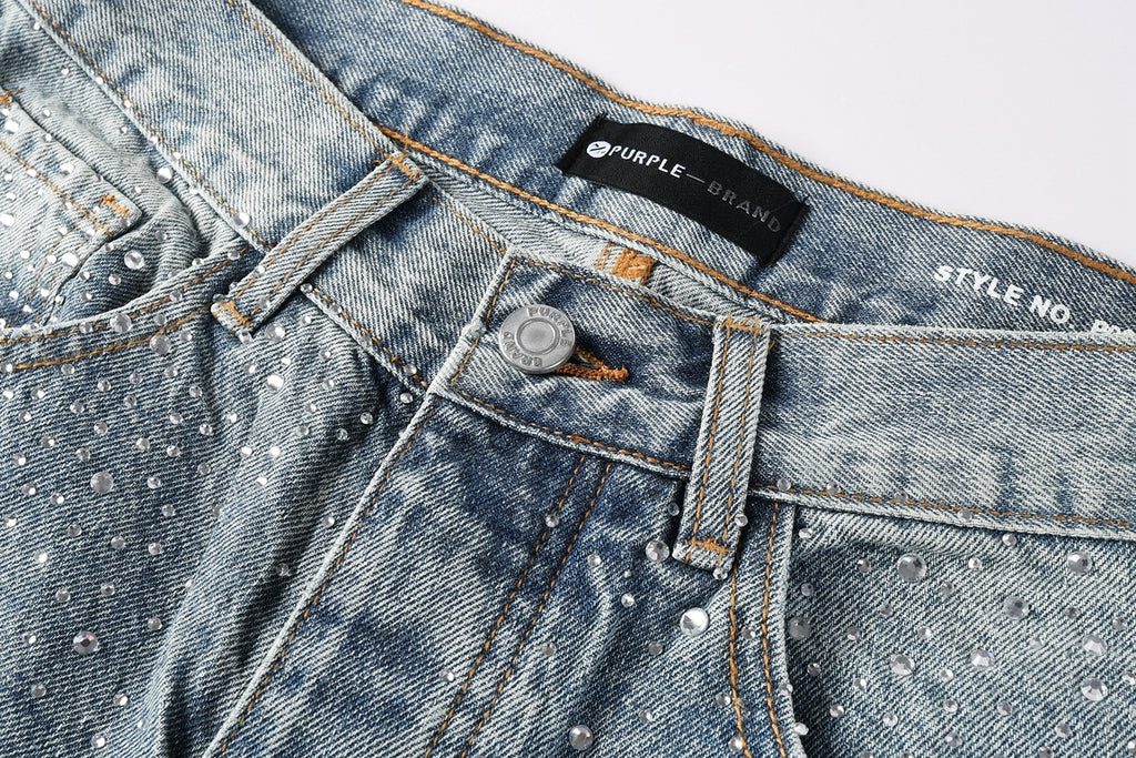 High Street Baggy Jeans - Distressed Blue Rhinestones Pattern | Loose Ripped Jeans