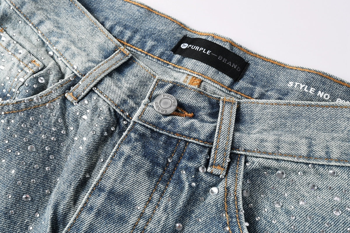 High Street Baggy Jeans - Distressed Blue Rhinestones Pattern | Loose Ripped Jeans