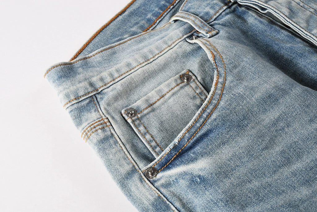 Men's Distressed Light Indigo Skinny Jeans with Graffiti, Ripped Holes & Button Fly