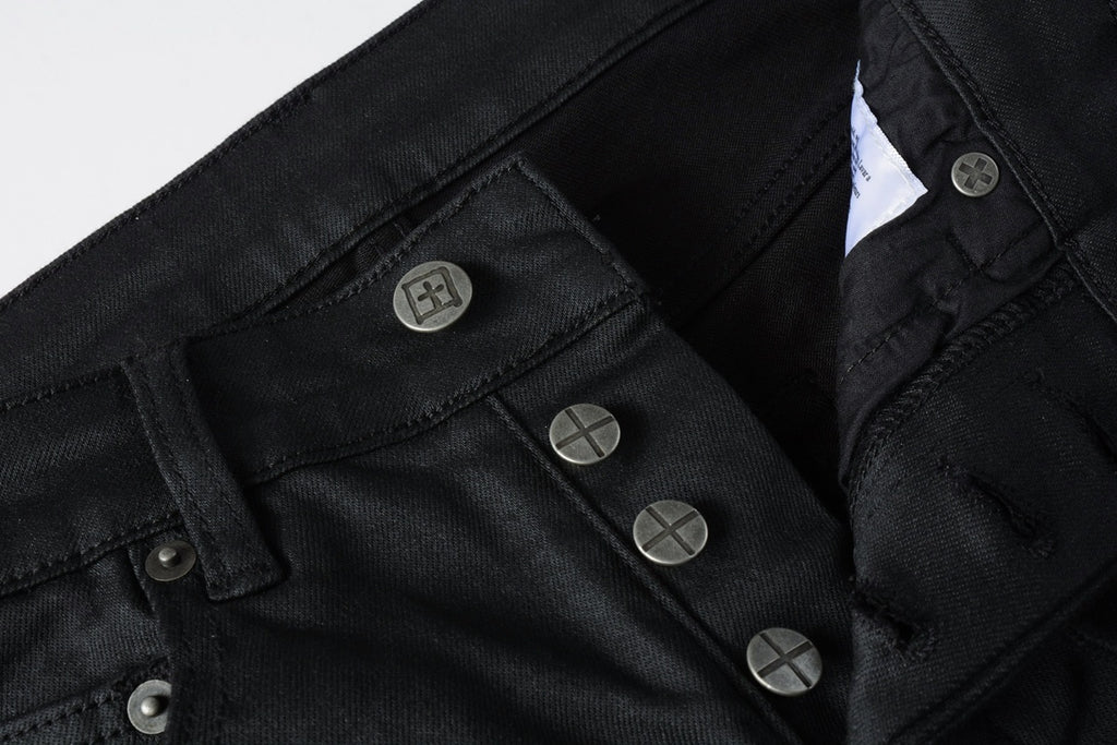 Men's Black Coated Embroidered Distressed Skinny Jeans - Stretch Denim