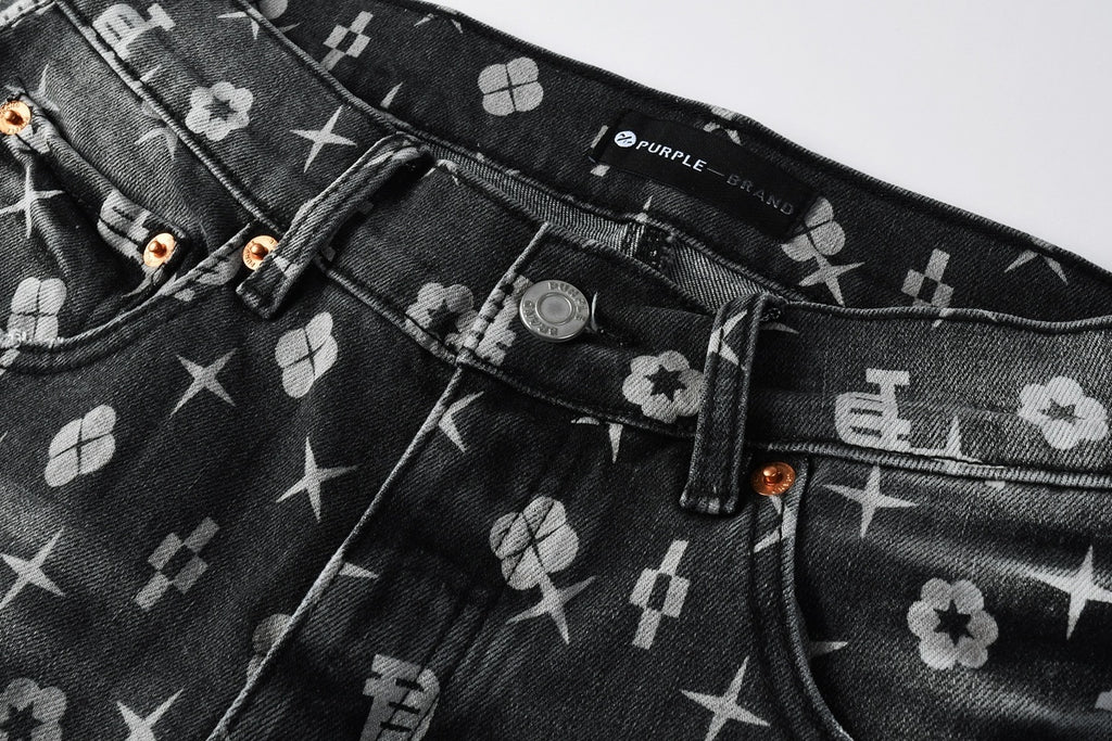Distressed Skinny Jeans with Laser Print Patterns & Ripped Holes & Button Fly
