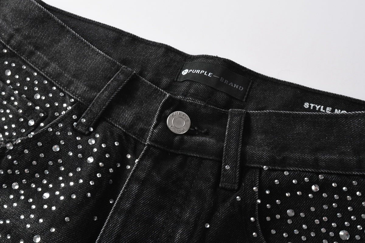 Men's Distressed Black Baggy Jeans with Rhinestones & Street Style