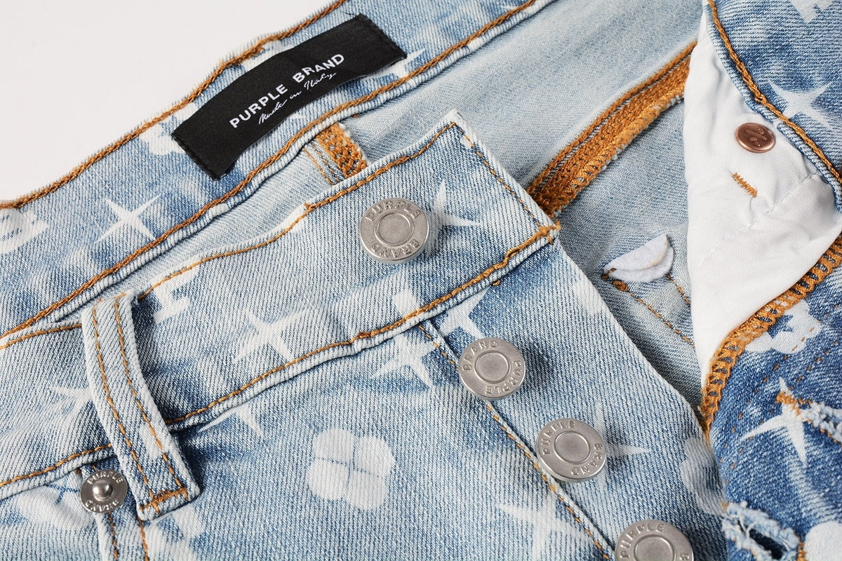 Men's Distressed Light Blue Skinny Jeans with Laser Print Patterns & Button Fly