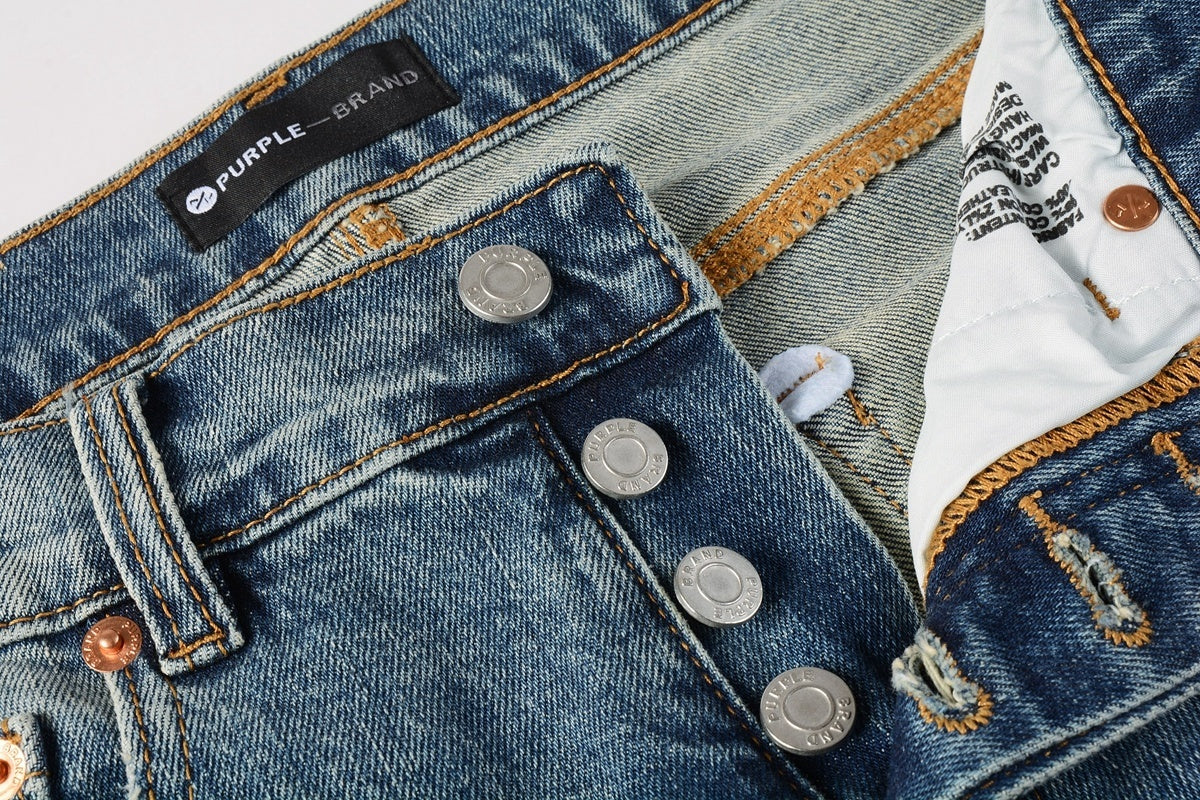 Men's Slim Fit Distressed Blue Graffiti Skinny Jeans with Ripped Holes & Button Fly
