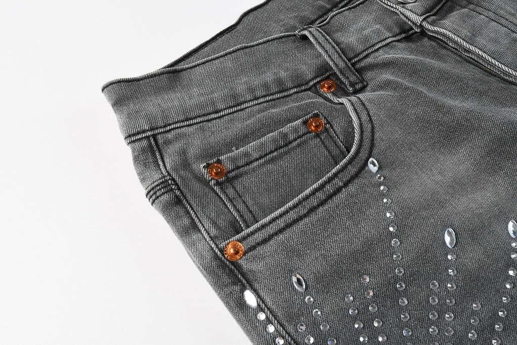 Men's Distressed Skinny Jeans with Ripped Holes, Rhinestones & Button Fly