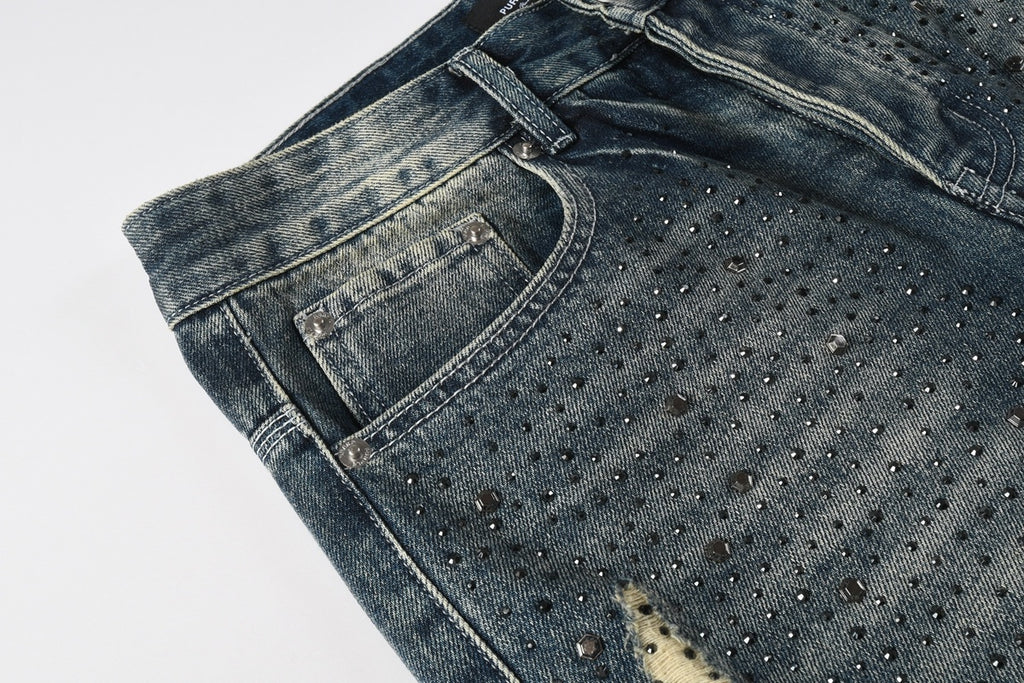High Street Distressed Blue Rhinestones Baggy Jeans - Loose Ripped Jeans