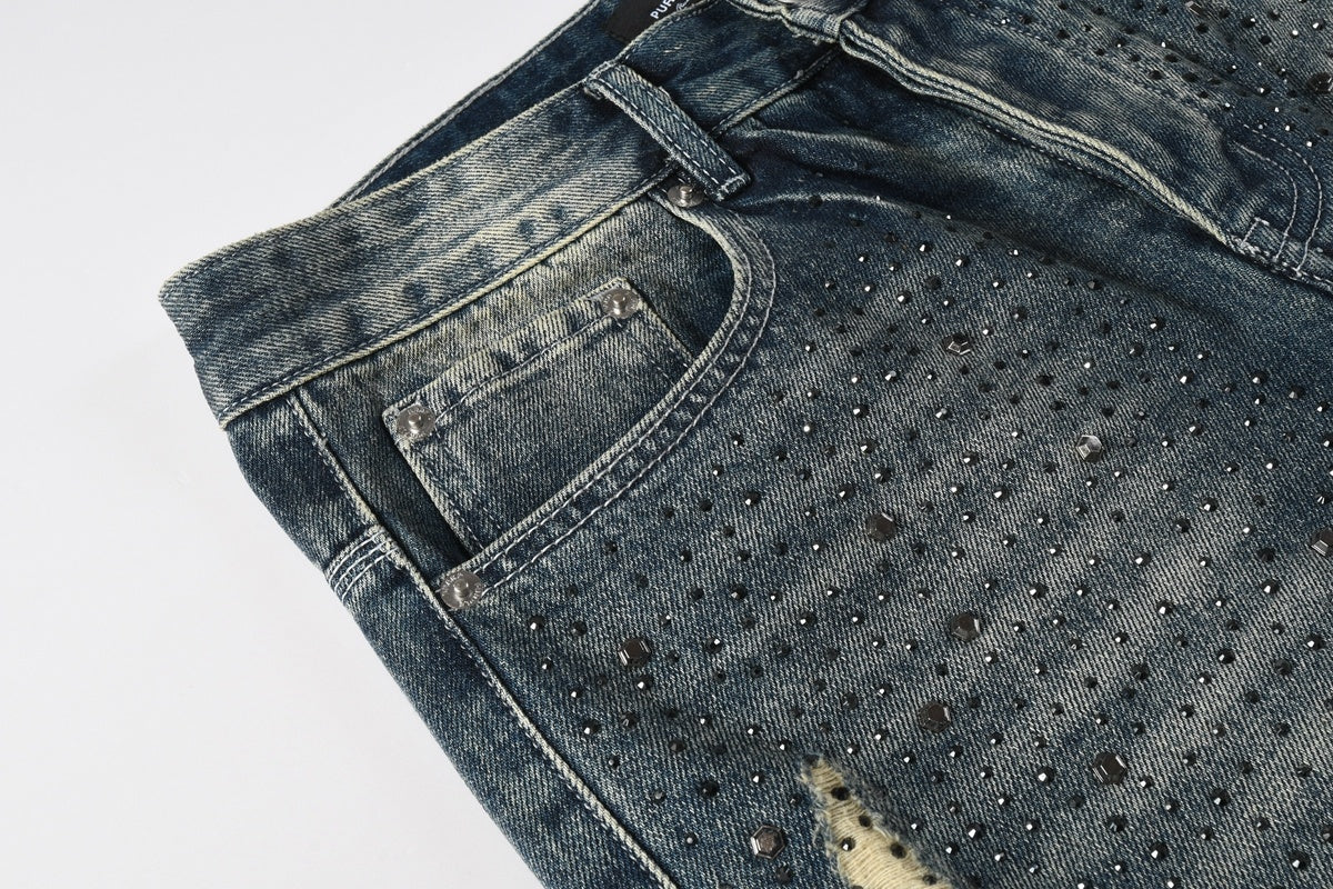 High Street Distressed Blue Rhinestones Baggy Jeans - Loose Ripped Jeans