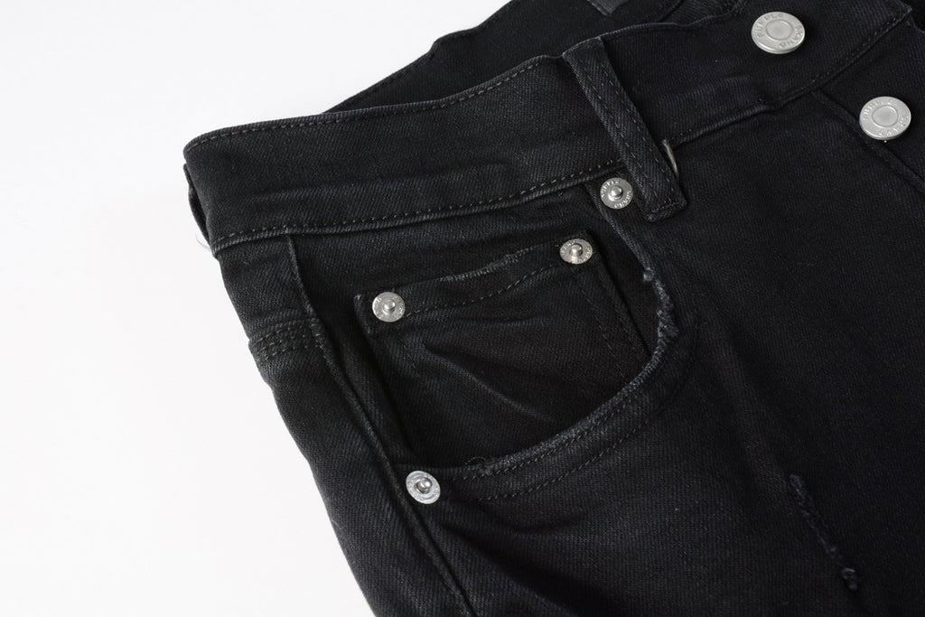 Men's Distressed Black Skinny Jeans with Ripped Holes & Button Fly