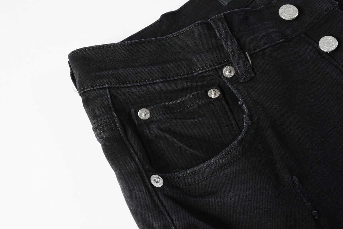 Men's Distressed Black Skinny Jeans with Ripped Holes & Button Fly