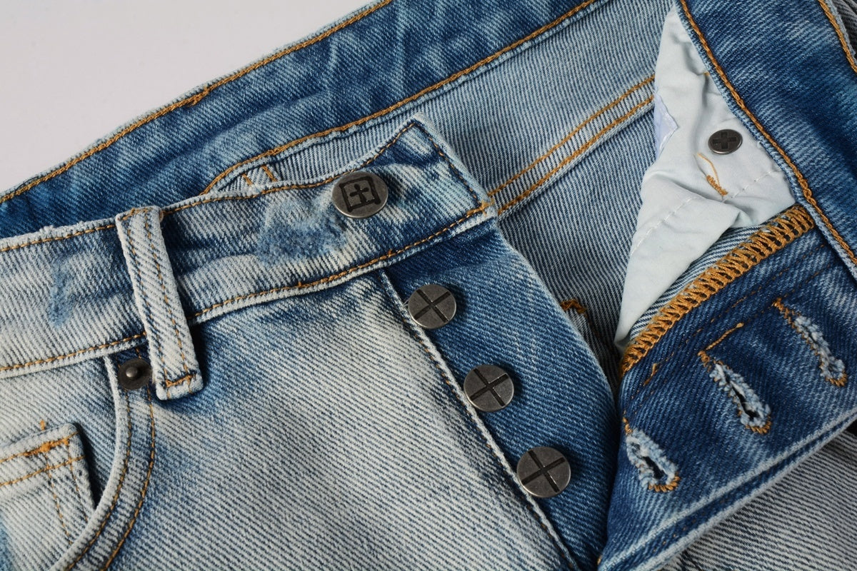 Men's Light Wash Artistic Patchwork Distressed Skinny Jeans - Stretch Denim