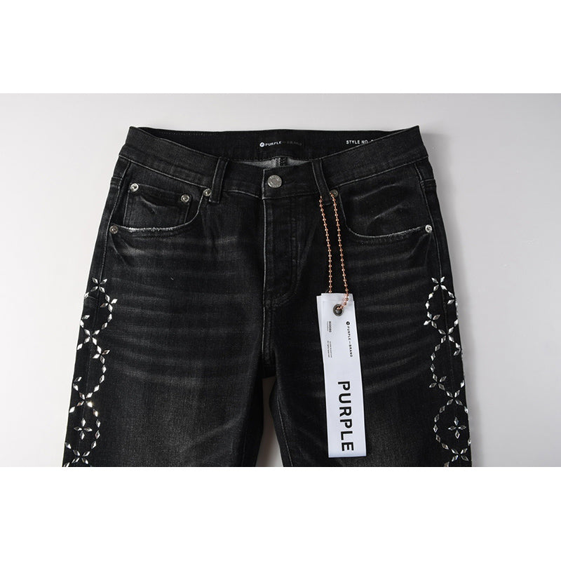 Men's Black Washed Bandana Rhinestone Skinny Jeans | Streetwear Slim Fit Embellished Denim Pants
