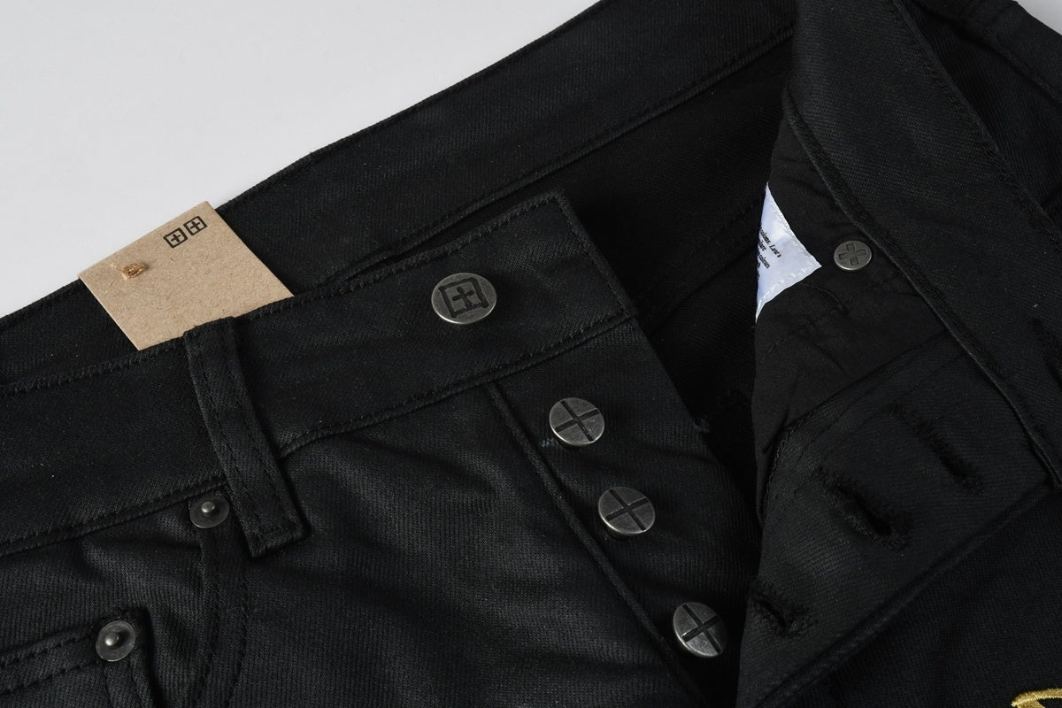 Men’s Black Waxed Skinny Jeans - Gold Studded Streetwear Denim