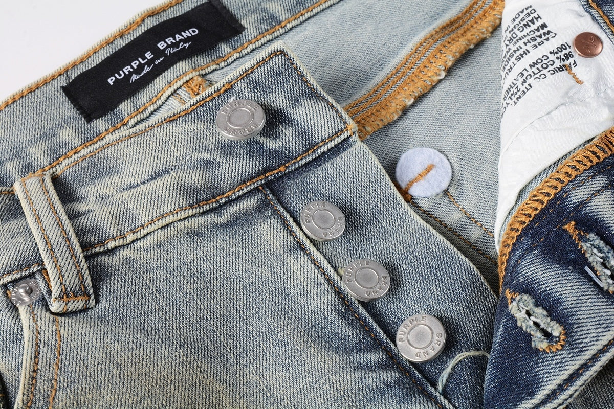 Men's Slim Fit Distressed Washed Light Blue Graffiti Jeans with Ripped Holes & Button Fly