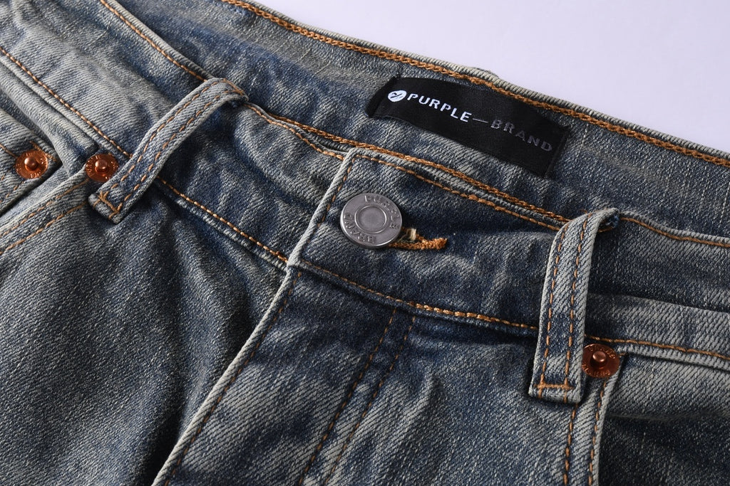 Men's Washed Blue Skinny Jeans with Ripped Holes, Rhinestones & Button Fly