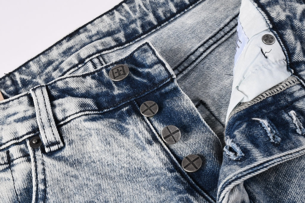 Men’s Acid Wash Skinny Jeans - Distressed Embroidered Street Denim