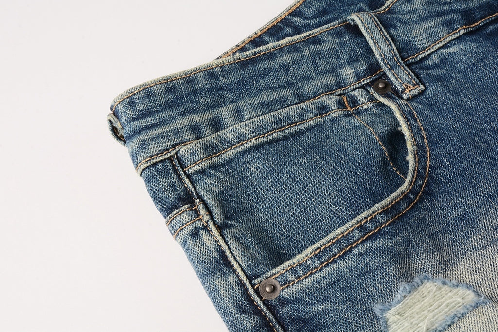 Men's Vintage Blue Multi-Rip Distressed Skinny Jeans - Stretch Denim