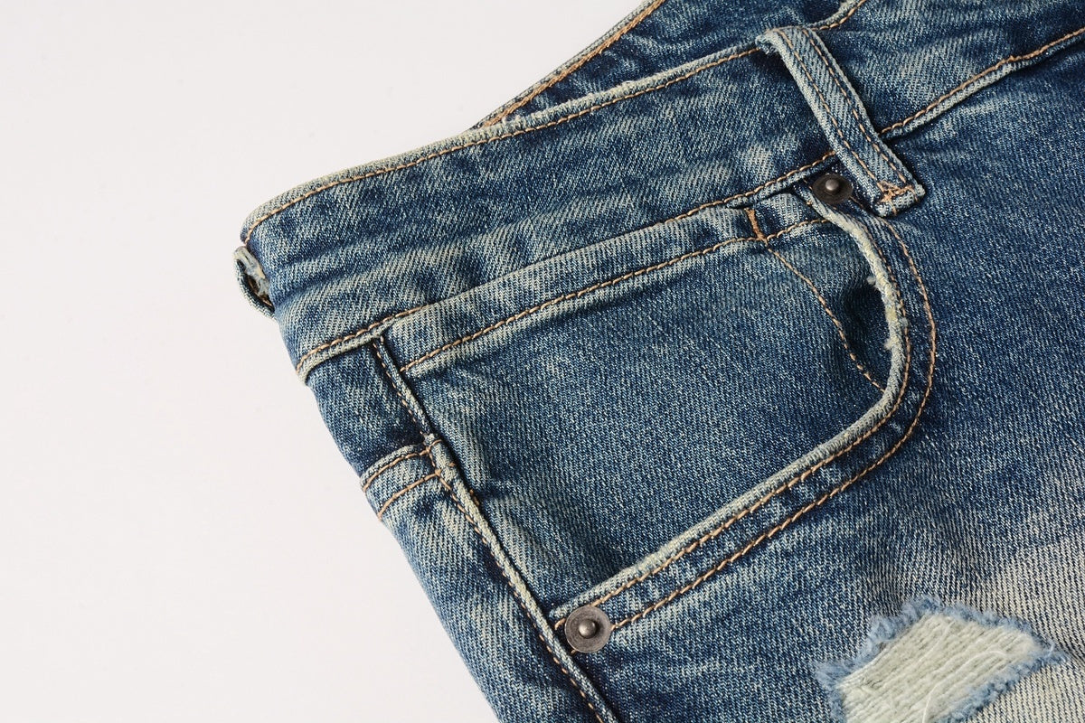 Men's Vintage Blue Multi-Rip Distressed Skinny Jeans - Stretch Denim