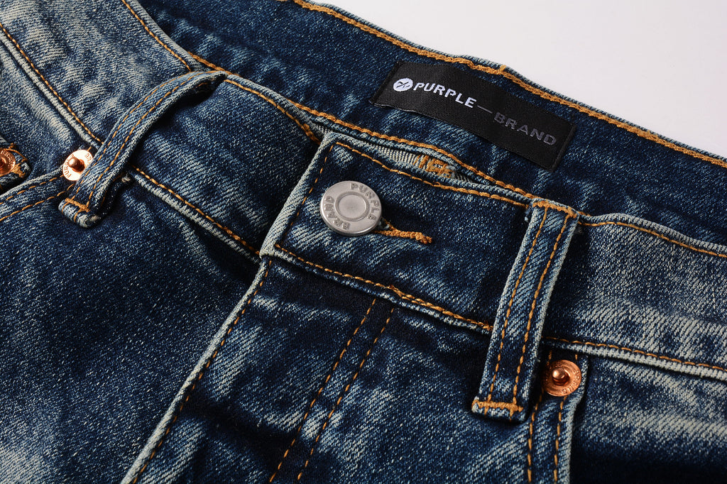 Men's Distressed Dark Blue Skinny Jeans with Ripped Holes & Button Fly