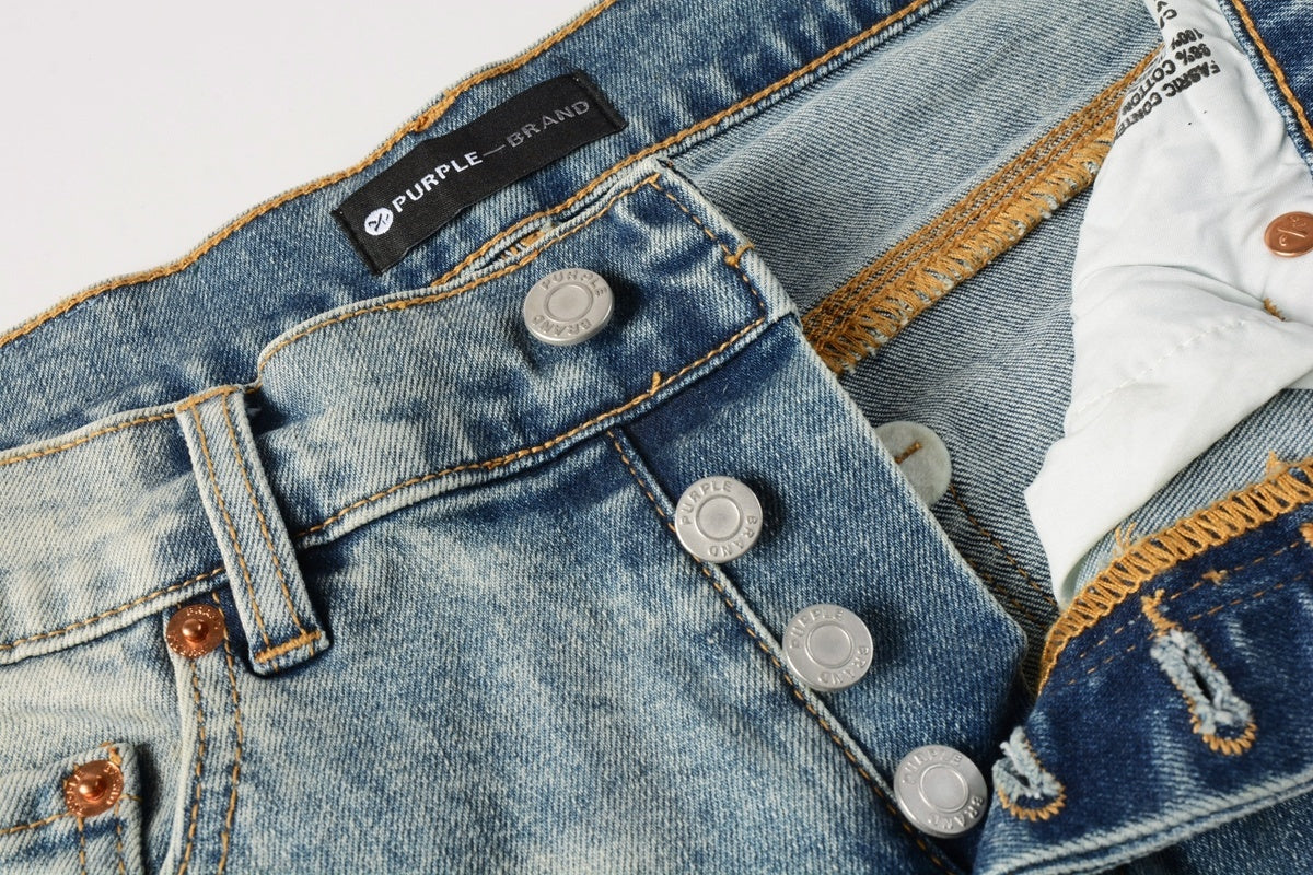 Men's Distressed Light Blue Slim Fit Patchwork Skinny Jeans with Ripped Holes & Button Fly