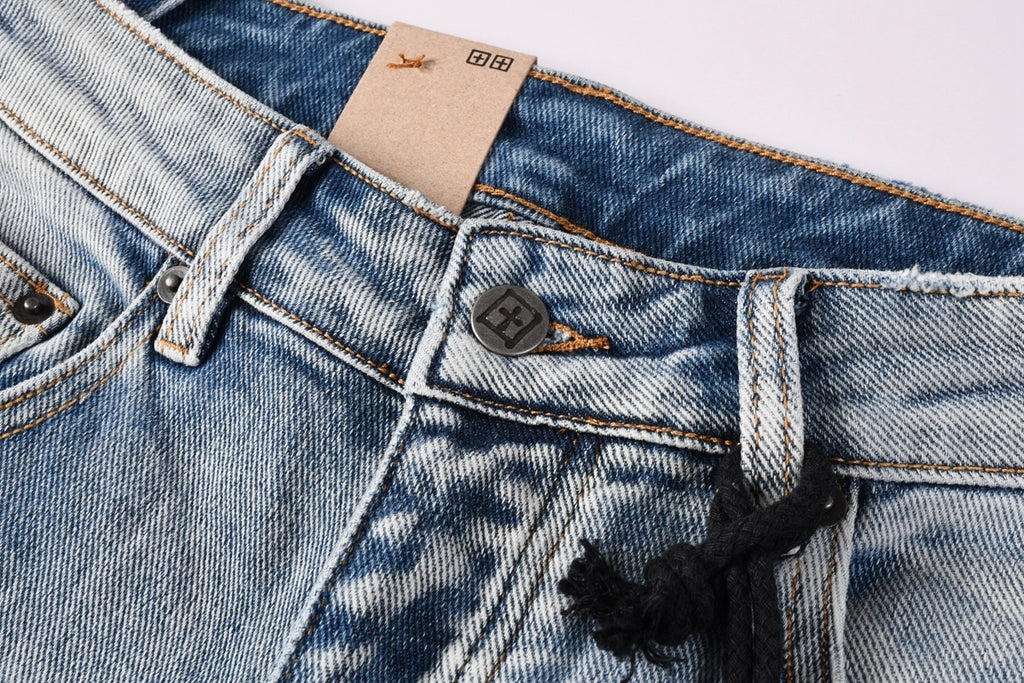 Men’s Light Wash Skinny Jeans - Cross Embroidered Distressed Denim