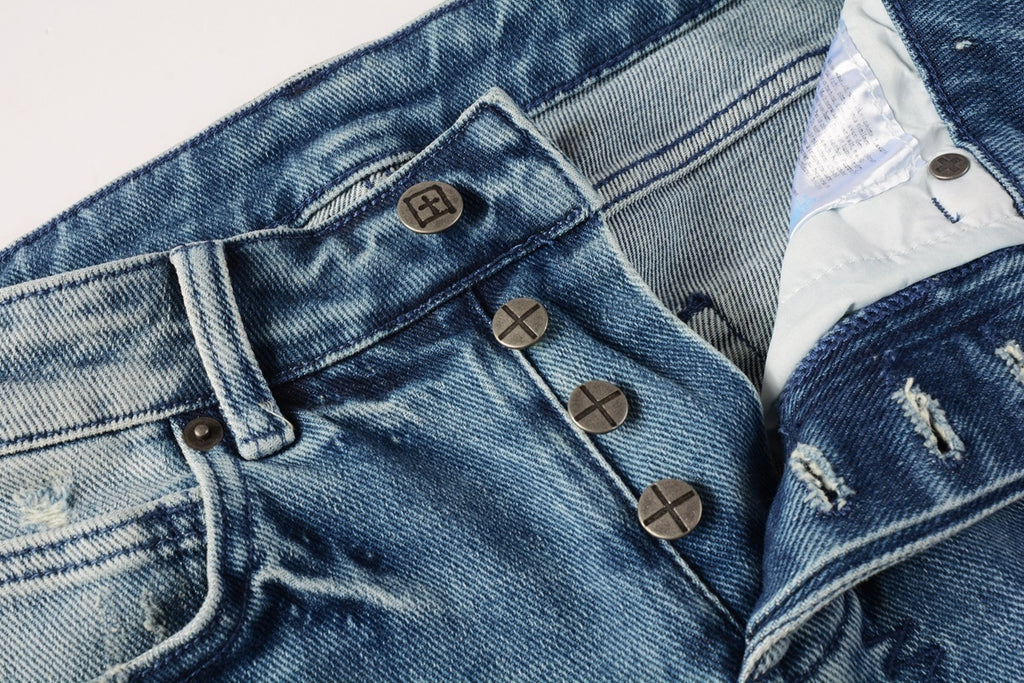 Men's Light Wash Multi-Patch Distressed Skinny Jeans - Stretch Denim