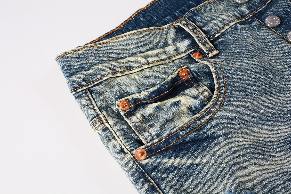 Men's Slim Fit Distressed Light Blue Damaged Holes Blue Patchwork Stretch Ripped Jeans Pants