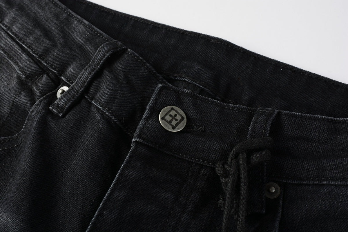 Men's Black Wash Cross-Studded Distressed Skinny Jeans - Stretch Denim