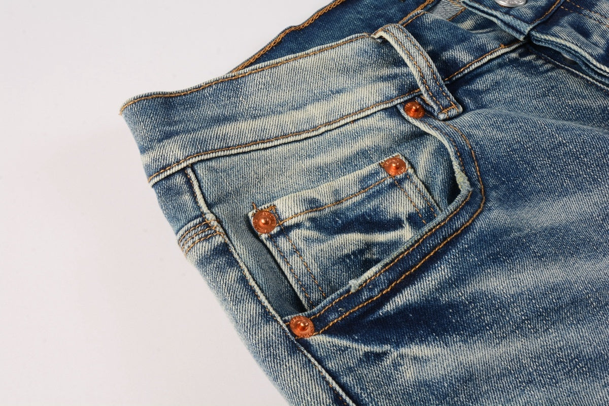 Men's Streetwear Slim Fit Distressed Blue Damaged Holes Graffiti Stretch Ripped Jeans