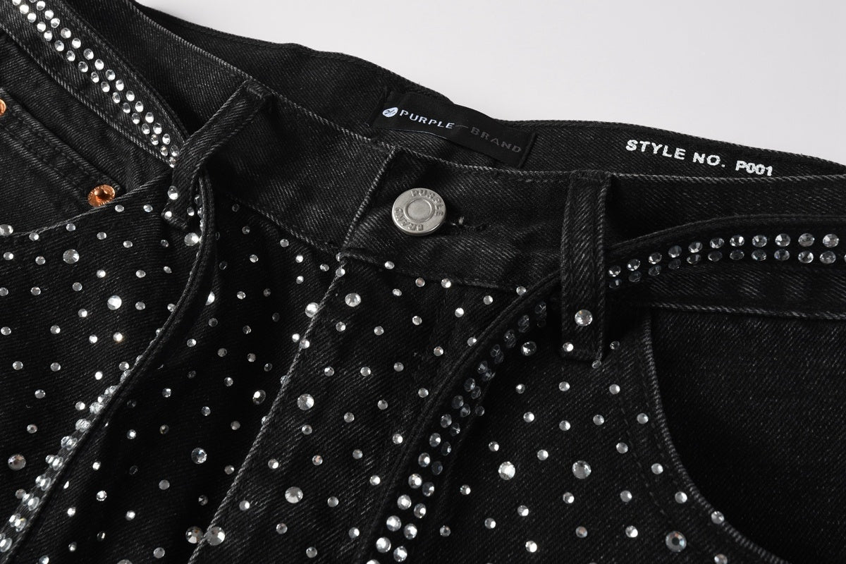Men's Distressed Black Denim Shorts with Rhinestones, Ripped Detailing & Loose Fit