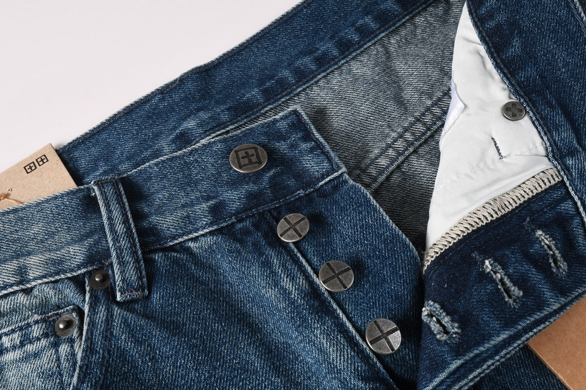 Men’s Vintage Blue Baggy Jeans - Distressed Knee Patch Denim