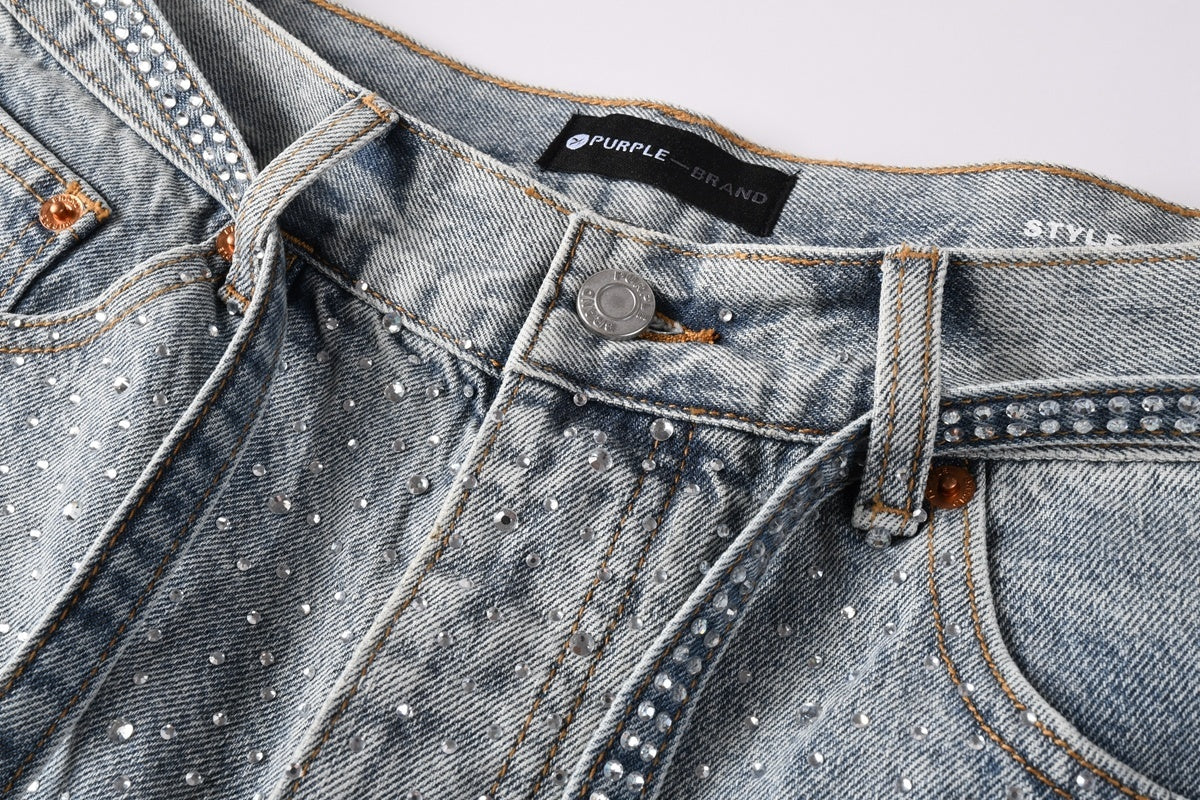 Men's Distressed Vintage Blue Denim Shorts with Rhinestones & Ripped Detailing