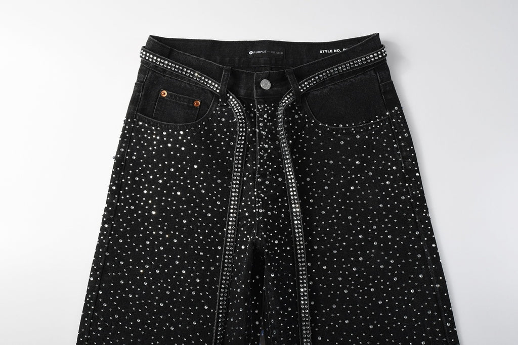 Black Baggy Jeans with Rhinestones & Loose Fit - Purple Brand