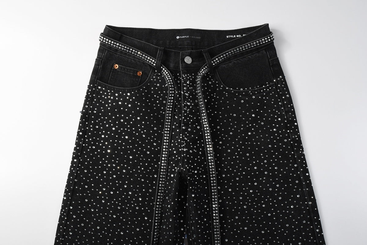Black Baggy Jeans with Rhinestones & Loose Fit - Purple Brand