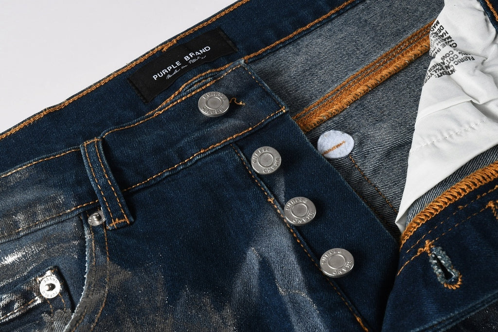 Men's Distressed Blue Skinny Jeans with Silver Coating, Ripped Holes & Button Fly