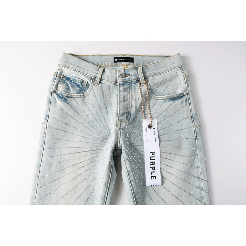 Men's Light Wash Sunburst Rhinestone Skinny Jeans | Streetwear Distressed Slim Fit Denim Pants