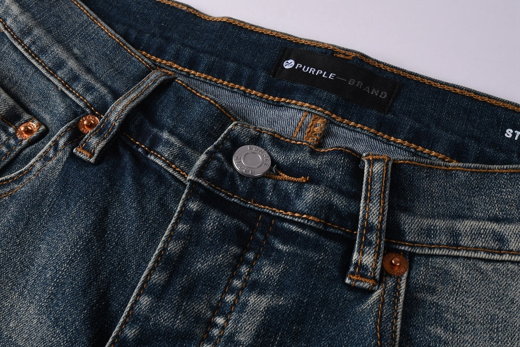 Men's Distressed Blue Skinny Jeans with Devil Suture Design & Ripped Holes & Button Fly