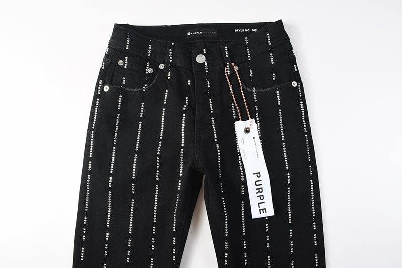 Men's Black Vertical Rhinestone Striped Skinny Jeans | Streetwear Slim Fit Denim Pants