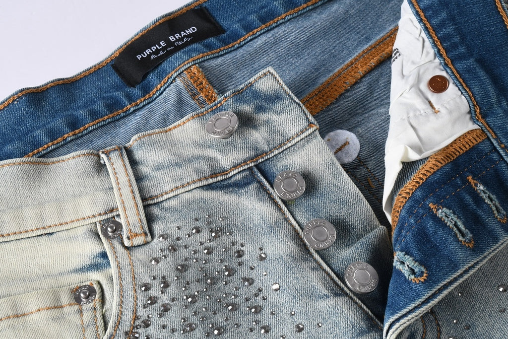 Purple Brand Men's Distressed Skinny Jeans with Cross Rhinestones, Ripped Holes & Button Fly