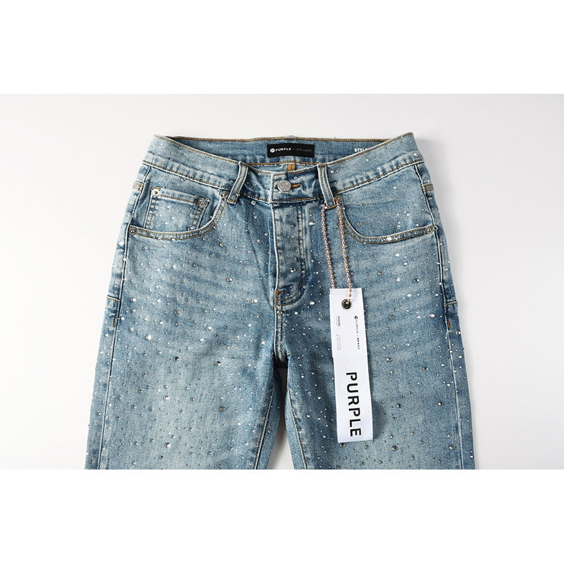 Men's Light Wash All-Over Rhinestone Skinny Jeans | Streetwear Slim Fit Embellished Denim Pants