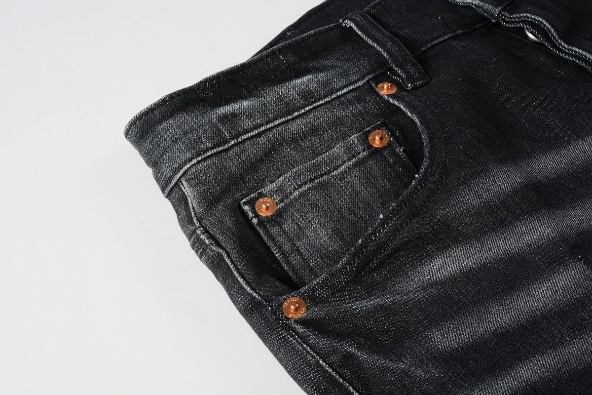 Men's High Street Distressed Black Gray Stretch Slim Fit Ripped Jeans